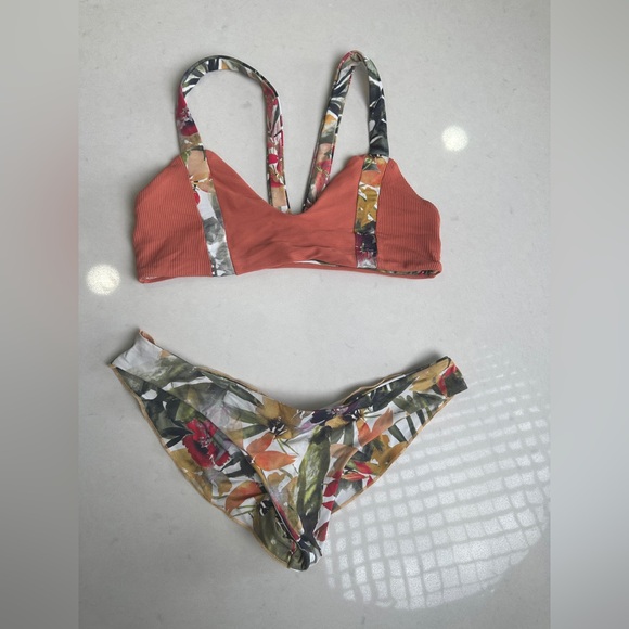 Boys + Arrows orange & green Hawaiian floral ribbed top Bikini vacation pool M/L - Picture 7 of 17